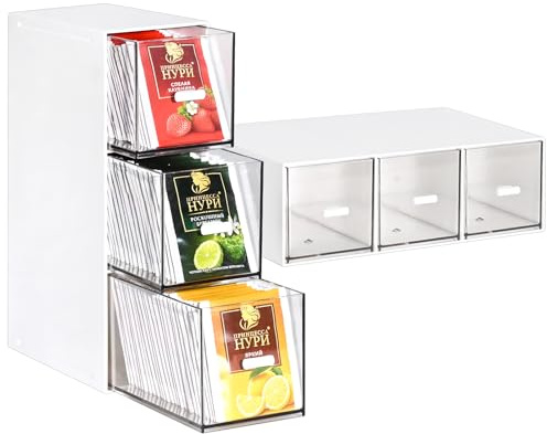 DRERIO Tea Bag Storage Boxes Small Plastic Tea Box Organiser with 3 Drawers, White Stackable Mini Teabags Chest, Coffee Pods Sugar Organisers for Kitchen Organisers, 23cm*16.6cm*7.7cm