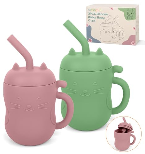 MCGMITT Paquete de 2 Vasos de Entrenamiento Bebé 100% Silicona con Pajita, Vaso Antiderrame con Asa, para Bebés y Niños Pequeños +6 Meses, Sin BPA, Ideal como Regalo - Rosa Claro/Verde
