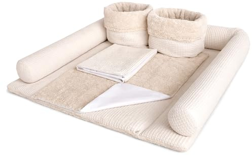 Wickelauflage Set 6-teilig – Wickelunterlage aus Waffelstoff & Frottee mit Druckknöpfen – Baby Wickelauflage – Wickeltischauflage – 75x72 cm (Breite x Tiefe), Hellbeige