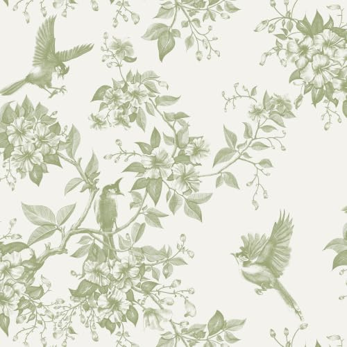 Yomshi Klebefolie Möbel Vögeln und Blumen Mustertapete 44 x 300 cm Grün Vintage Blumentapete Wasserdicht Selbstklebend Ablösbar Vinyltapete für Tisch Wohnzimmer Schlafzimmer Badezimmer