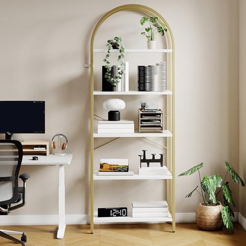 AMUSEBY 5-Tier Arched Bookshelf, Tall Narrow Floor Standing Storage Shelf | Modern Open Etagere Bookcase with Storage, Metal Frame Display Shelving, Industrial Display Standing Shelf Unit, Gold