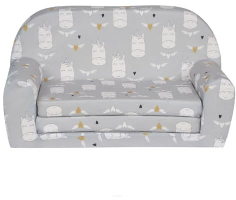 FORTISLINE Kindersofa MINI ausklappbar 78 x 40 x 45 cm - Kindercouch aus Mikrofaser mit Liegefläche 104 cm, abnehmbarem waschbarem Bezug, Oeko-TEX Standard 100, Einhorn Grau