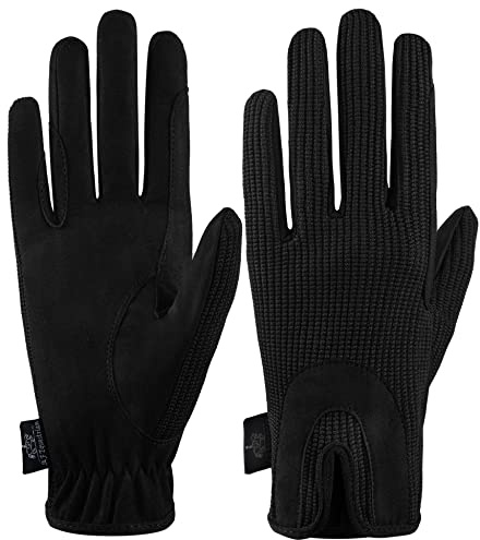 All Day Horse Riding Gloves Ladies Dublin Track Fabric Gloves Leather Equestrian (Black, M)