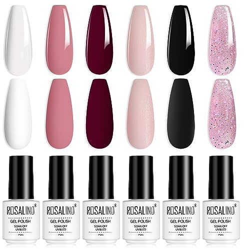 ROSALIND 6 Farben Gel Nagellack, Weiß Rosa Rot Nude Schwarz Glitzer Pastell Gel Nail Polish Nail Art Starter Kit 6pcs