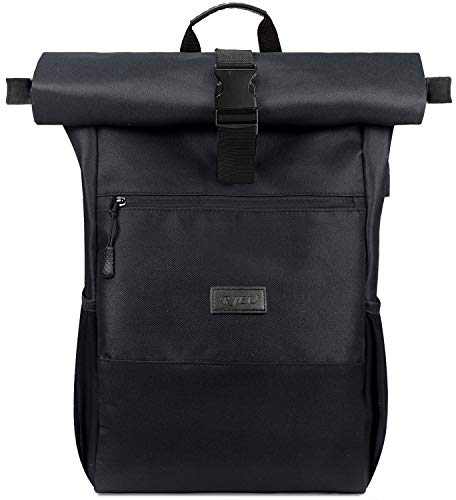 RJEU Laptop Rucksack für 17 Zoll,Rolltop Rucksack Herren Damen,Laptoptasche für Schule,Studium,Reisen,Schulrucksack(Schwarz-26L)