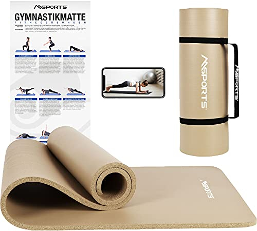 MSPORTS Gymnastikmatte Premium inkl. Tragegurt + Übungsposter + Workout App I Hautfreundliche Fitnessmatte 190 x 80 x 1,5 cm - Beige-Caramel - Phthalatfreie Yogamatte