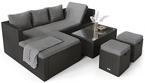 di volio Gartenmöbel-Set Polyrattan Lounge mit Liegefunktion Garten Bologna | Ecksofa, 2 Hocker, Couchtisch, Glasplatte, imprägnierte Kissen, Stahlrahmen, UV-beständig, wetterfest, pflegeleicht