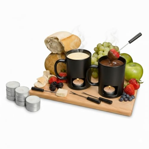 Evelots Mini Fondue Pot Set - 2 Pack Ceramic Fondue Mugs for Chocolate, Cheese and Candy with 4 Forks and 8 Candles - Mothers Day Gifts for Mom, Romantic Date Night Gift - Black