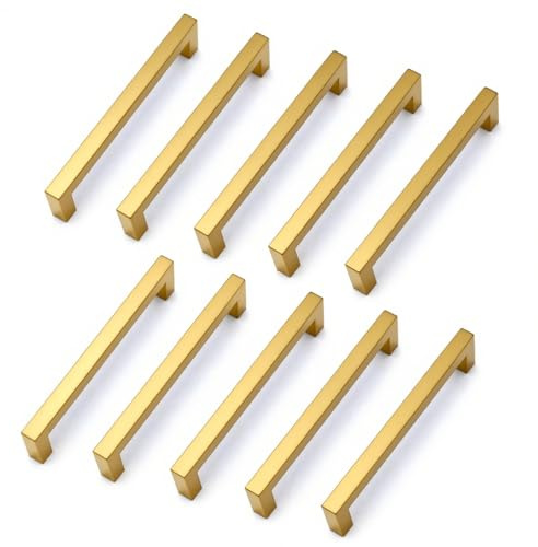 Drenky 10 Stück Schrankgriffe Gold Rostfreier Stahl Türknäufe, Möbelgriffe mit Schraube für Schublade, Schrank, Möbel, Küche, Heimdekoration, Lochabstand 160 mm
