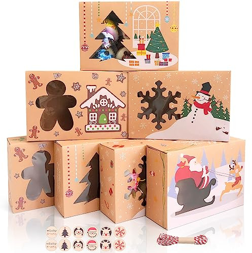 MAMUNU 12 Stück Weihnachts-Kekskästen Boxen, Keksdosen mit Fenster buntes Muster mit Aufkleber und Seil, für Weihnachtsfeier Brownies Süßigkeiten Kekse, 22.5x15.5x7CM