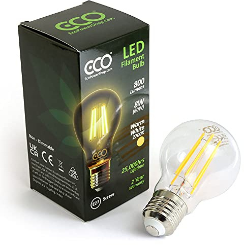 ECO 60W Energy Saving Light Bulb, Low Energy 8W LED Filaments, Bright 800 Lumen, Clear Glass, Warm White (2700K), E27 Standard UK Edison Screw (ES), 25000Hrs Lifetime.