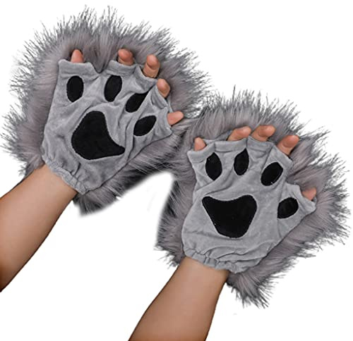 kdjsic 1 par de guantes de pata de medio dedo, accesorio de anime, gótico, peludo, para juegos de rol de animales, patas de lobo, color gris, aproximadamente 17 x 20 cm, Pelo gris de palma gris