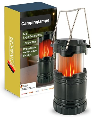 SCHWAIGER LED Campingleuchte I Campinglampe mit Lagerfeuer-Effekt I tragbare Lampe mit 3 W COB-LED I 120 Lumen I batteriebetrieben mit 3x AAA I kompaktes Campinglicht mit Magneten & Haken