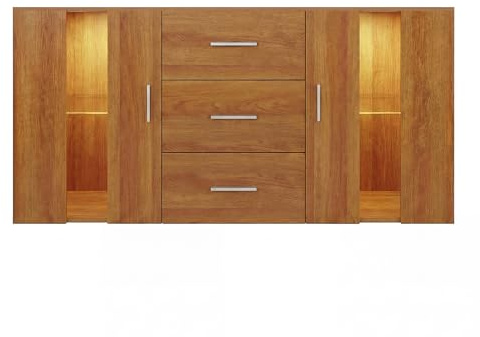 Panana Oak Sideboard TV Unit Wooden Cabinet Dining Room Cupboard with LED Lights 135cmx32cmx70cm