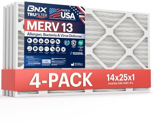 BNX TruFilter 14x25x1 MERV 13 (4-Pack) AC Furnace Air Filter,MADE IN USA,Electrostatic Pleated Air Conditioner HVAC AC Furnace Filters, Bacteria, Smoke (Actual Size: 13 11/16’’x24 11/16’’x3/4‘’)