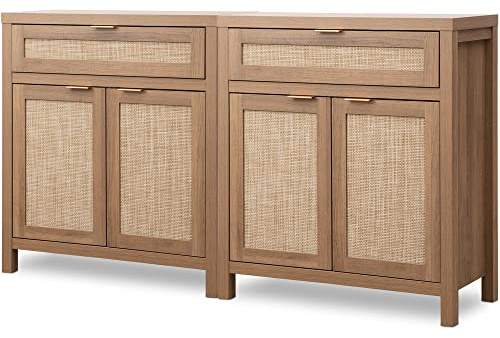SICOTAS Sideboard Buffet Cabinet Set of 2, Rattan Credenza Storage Cabinet, Boho Buffet Table Console Cabinets with Drawer, Farmhouse Coffee Bar for Entryway Living Room, Natural Oak