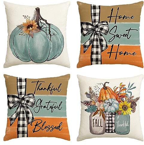 AVOIN colorlife Fall Pumpkin Home Sweet Home Throw Pillow Covers, 18 x 18 Inch Autumn Thankful Grateful Blessed Harvest Floral Decorations for Sofa Couch Set of 4