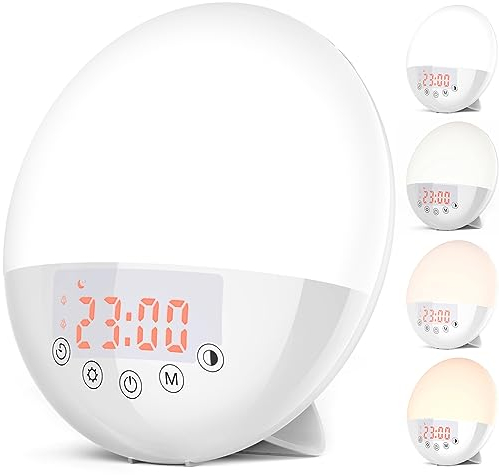 RICIAL Wake Up Light, 10000 Lux UV Free Sun lamp Sunrise Alarm Clock, Dimmable 5 Brightness & 4 Color Temperatures & Timer, Dual Alarms & Snooze, Sleep Aid with 10 Natural Sounds