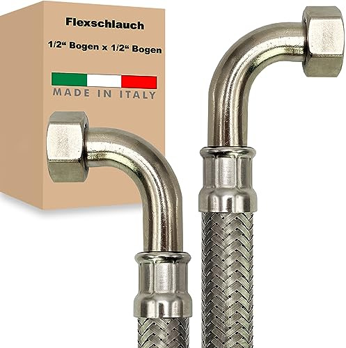 Flexschlauch ÜM-BOGEN x ÜM-BOGEN Edelstahl Panzerschlauch Anschlußschlauch Sanitär Armaturenschlauch Hauswasserwerk Made in Italy (1/2 x 1/2 - 700 mm - Z-Form)