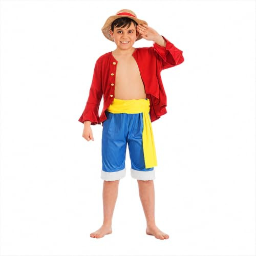 Chaks - Luffy Kostüm Jungen, offizielles One Piece Outfit, 4-teiliges Anime Set, Monkey D. Luffy, Cosplay, Karneval