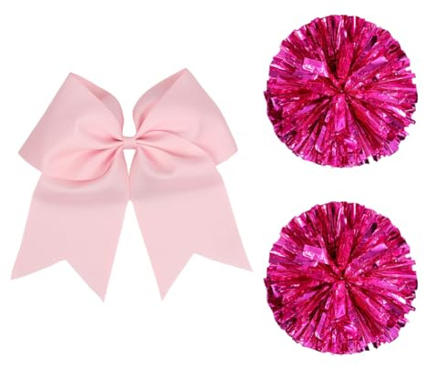 JIHUOO Cheerleader-Pompons, Teamgeist, Tanz-Team-Poms, Sport-Fan, Pompons mit großen Cheerleader-Haarschleifen, Cheerleading-Kostüm-Zubehör, Rosa, 2 Stück