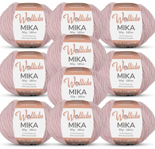 Wollidu Mika Stickgarn, 51 % polyakryl, 49 % bomull, för virkning och stickning, Oeko-Tex, 10 x 50 g, 165 m, blekrosa