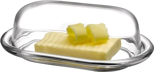 AL-FAHMI Burriera rotonda in vetro – elegante burro con coperchio, facile da usare e 100% sicuro per alimenti, 20 x 13 x 6 cm