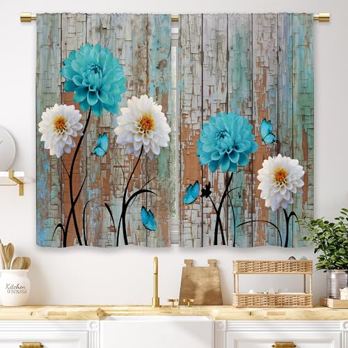 Laifzere Lot de 2 rideaux de fenêtre courts de style rustique, pour cuisine, café, salle de bain, motif vintage floral à dahlias, bleu turquoise/bleu sarcelle, 69,9 x 99,1 cm