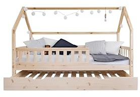 Profiwood Kinderbett mit Ausziehbett - Kinder Einzelbett - Funktionsbett, Ausziehbett, Jugendbett, Hausbett für Jungen und Mädchen - aus natürlichem Holz, Massives Kiefernholz- 90x190 cm