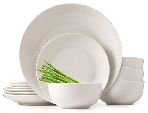 Lefonte Dinnerware Sets, Fine Porcelain Dinnerware Sets, Plates and Bowls Sets, Dishes, 12-Piece Service for 4, Soft White