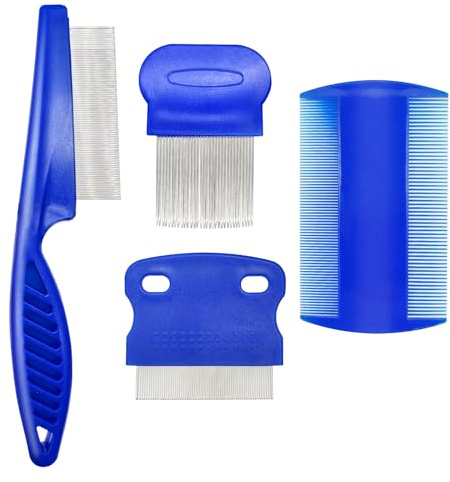 4 verschiedene Arten von Flohkämmen, Edelstahl, runde Zähne, Hund, Katze, Läusekämme, langlebig, feine Zähne, Haustier-Tränenfleckenentferner, Werkzeug (blau)