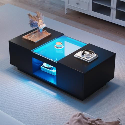 Merax Couchtisch LED Hochglanz, Mitteltisch Teetisch für Wohnzimmer, Schwarz Wohnzimmertisch mit 2 Schubladen und offenes Fach, Rechteckiger Beistelltisch Sofatisch Kaffeetisch, für Schlafzimmer Büro