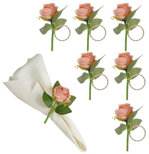 BEIJIALY Blumen-Serviettenringe, 6er-Set, Rustikale Rosen-Serviettenringe, Blumen-Serviettenhalter, Handgefertigte Florale Serviettenringe, Rosen-Serviettenhalter für Hochzeit,