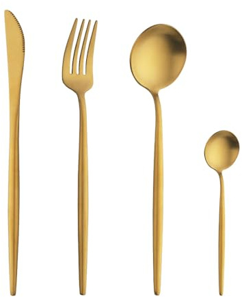 Matte Gold Cutlery Set, Buyer Star 4 Pieces Stainless Steel Cutlery Set Gold Matte, Flatware Set Knife Spoon Fork Sets Dinner Set for Daily Life Service for 1, Dishwasher Safe