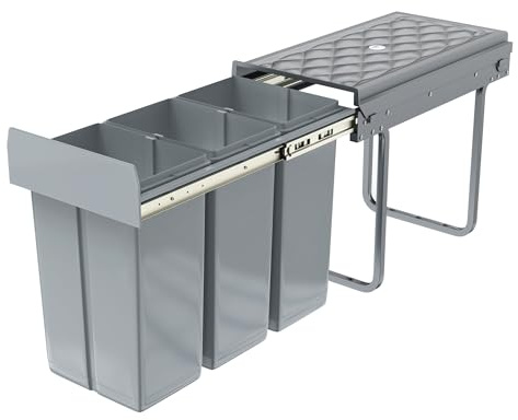 XMTECH Einbaumülleimer Küche Auszug, Einbaumülleimer Unterschrank Müll-Trennsystem, 3 Fächer Ausziehbar 3 x 10L, Vollauszug mit Teleskopschienen, 48 x 26 x 42 cm (L x B x H), Grau