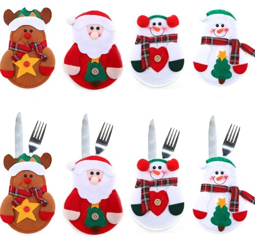 YQBFTC 8 Pezzi Portaposate di Natale,Porta Posate da Tavola per Natale,Portaposate Segnaposto Natalizie da Babbo Natale Tasche Posate per Forchetta Cucchiaio Decorazione della Tavolo di Natale 4 Stili