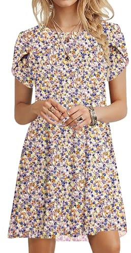 PLOKNRD Vestido Mujer Verano Manga de Pétalo, Escote Redondo - Tipo Camiseta Holgado y Versátil con Bolsillos