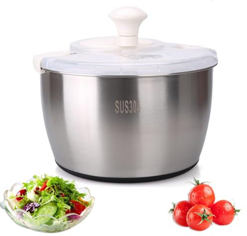 Stainless Steel Salad Spinner, Lettuce Spinner Multi-Use Fruit Washer with Bowl & Colander, 5L Large Vegetable Washer, Vegetable Dryer Drain Basket, for Washing, Cleaning and Drying Vegetables