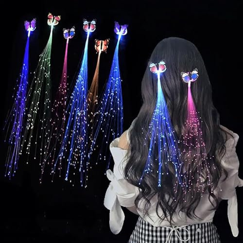 fdsmall 6-Pack Haarspangen Led Light Up Fee Haar Braid Barrettes Braid Extension Clips Glühen in der Dunkelheit Party Bevorzugungszubehör Neon Rave Zubehör Perücke (Butterfly)