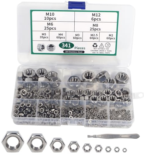 TIOMIOSEA Sechskantmuttern Sortiment Set, DIN934 Sechskantmuttern Sicherungsmuttern Standard, Edelstahl Selbstsichernde Muttern, mit 1 Pinzette, 341 Stück M2/M2,5/M3/M4/M5/M6/M8/M10/M12