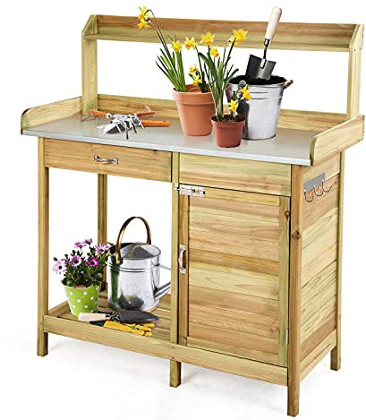 COSTWAY Tavolo Lavoro per Giardinaggio per Piante in Legno di Abete, Banco da Giardino con Cassetto, Armadietto, Mensola Aperta e 3 Ganci, Tavolo di Giardinaggio, 112 x 46 x 125 cm, Naturale