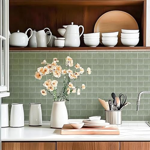 Alwayspon Adesivi per piastrelle, 10 pezzi x 20 cm, color verde salvia, autoadesivi, per bagno, cucina, paraspruzzi, piastrelle adesive in vinile per pavimenti e pareti