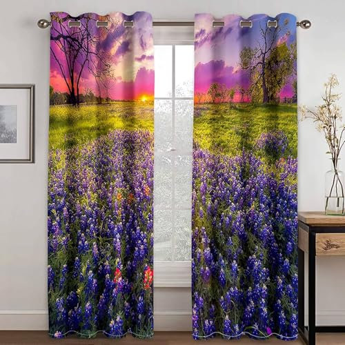 Mesnt Hitzeschutz Vorhang Fenster, 152x229cm Lila Grün Gelb Sonnenuntergang und Lavendelfeld Vorhang für Wohnzimmer