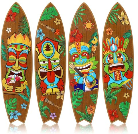 Wasise Tiki Bar Accessories - 4PCS Summer Theme Surfboard Wall Decor | Solid Wood Surfboard Plaques with Vivid Tiki Totem UV Prints, Summer Theme Luau Party Decoration for Home, Wall Hanging Sign