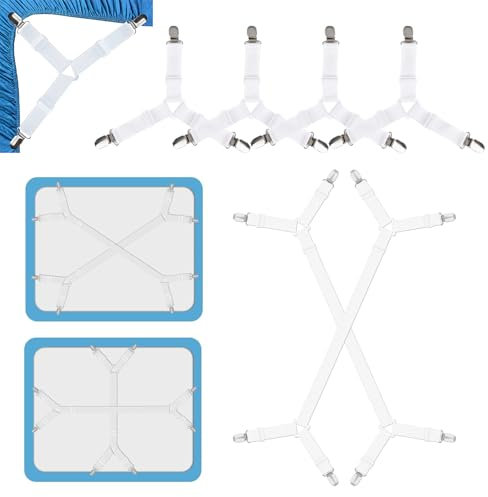 HTTDSLF 6 Pezzi Elastici Ferma Lenzuola, Elastici per Lenzuola con Clip in Metallo, Cinghie Tendi Lenzuolo Regolabili, per di Fissaggio Angoli Lenzuola, Letto o Divano (Bianco)
