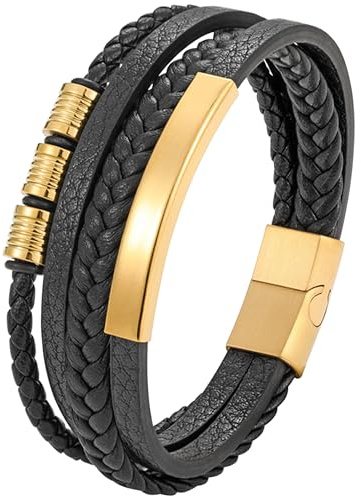 JUZICHEN Läderarmband, läderarmband, stålmän, gåvor till herr, svart brun blå läderarmband för pappa farfar, Moyenne, Läder, Rostfritt stål