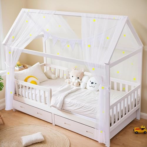 ToxyJopy Parure de lit 2 pièces - Ciel de lit avec étoiles lumineuses - Décoration de lit avec fanions en coton bio - Décoration de chambre d'enfant