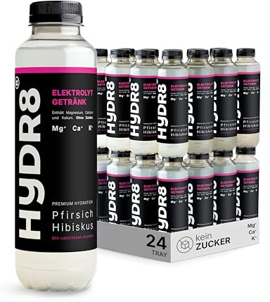 HYDR8 Elektrolytgetränk ohne Zucker Pfirsich-Hibiskus - 24 Flaschen | 5 Elektrolyte inkl. Magnesium | Zero Getränk | Erfrischend für Party, Sport, Festival, Hitze