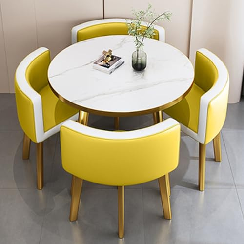 Rundes Esstisch Set, Büro Empfangsraum Clubtisch- und Stuhl Set, Verhandlungs-Konferenztisch mit 4 PU Lederstühlen, Café, Balkon oder Wohnzimmer(Yellow)