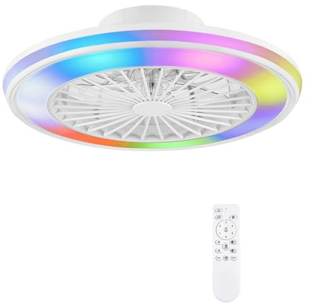 ZMISHIBO Ventilateur de plafond silencieux avec lumière 49,5 cm, sans pales, LED 32 W + moteur DC 16 W, 6 vitesses, 3 couleurs, APP & télécommande, minuterie, lampe ventilateur plafond blanche（RGB）